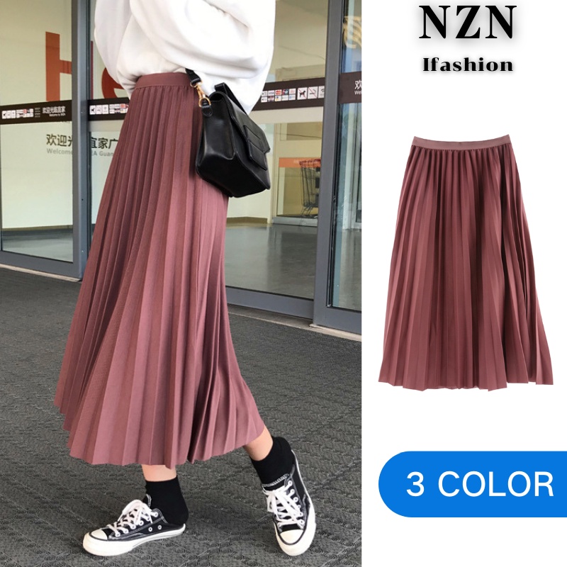NZN กระโปรงพลีทยาวปานกลางเอวสูงทรงเอแฟชั่นฤดูใบไม้ร่วงและฤดูหนาวแบบใหม่สไตล์เกาหลี