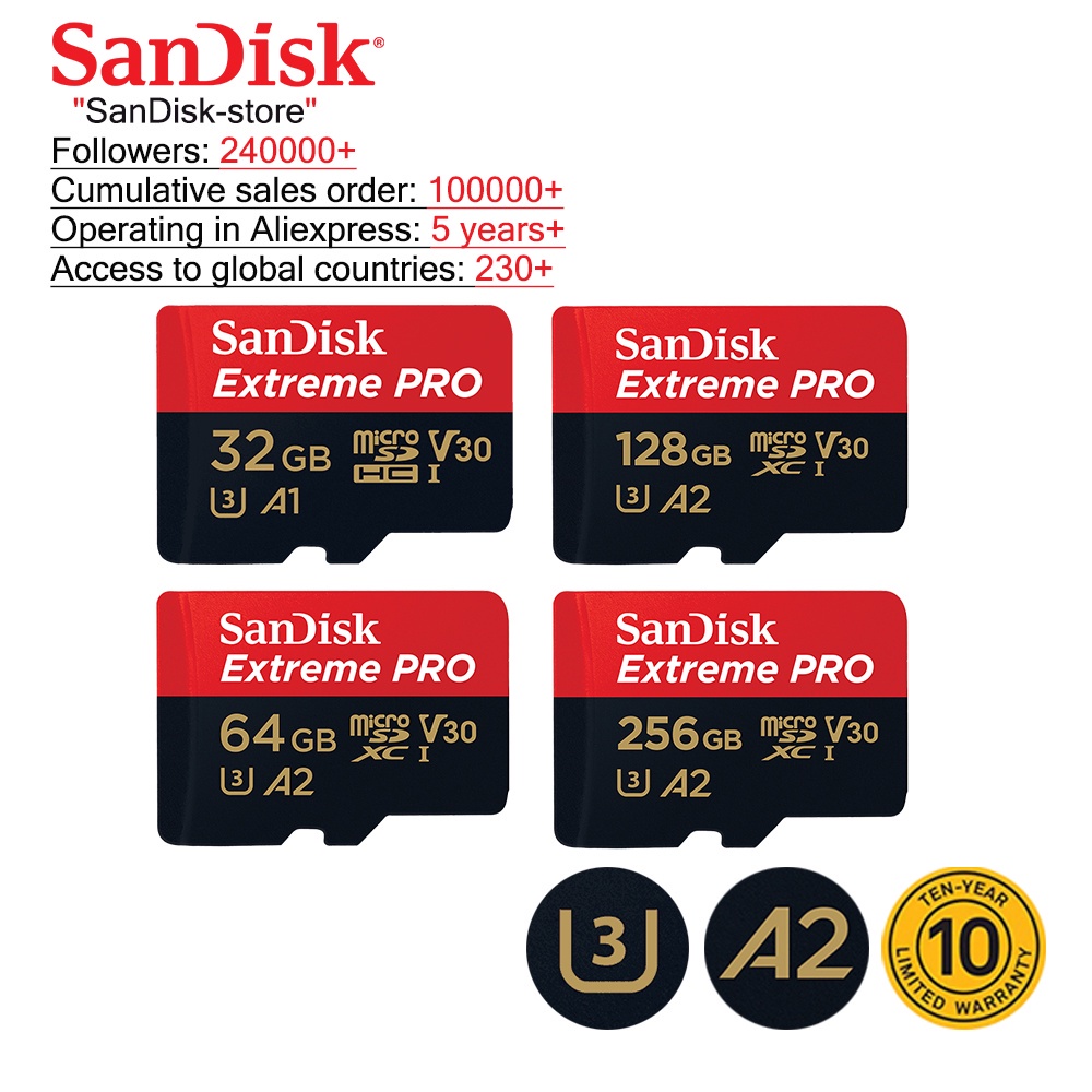 การ์ดหน่วยความจำSanDisk Original TF Micro SD Card Extreme Pro Memory Card U3 100MB/s 32GB 64GB 128GB 256GB Phone Camera