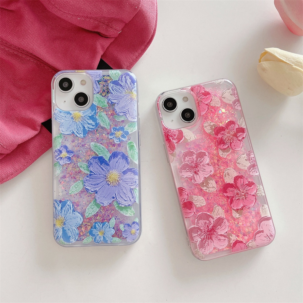 สําหรับiPhone 16 15 Plus 14 13 Pro 12 11 XS SE 2020 ภาพวาดดอกไม้มีลายGlitter Liquid Bling Glow In Th