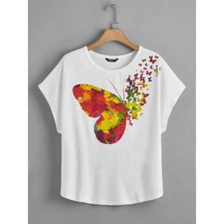 เสื้อยืดสีขาวพิมพ์ลายผีเสื้อ