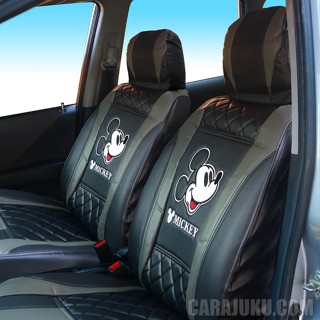 หุ้มเบาะหนัง PVC มิกกี้เมาส์ Mickey Mouse สีดำ-เทา #ชุดหุ้มเบาะรถ หุ้มเบาะรถ เบาะหนัง มิกกี้