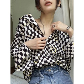 พร้อมส่ง💗แฟชั่นสไตล์เกาหลีอารมณ์เสื้อลายสก๊อตขาวดำใหม่ปกสูทหลวมมืออาชีพเสื้อแขนยาว