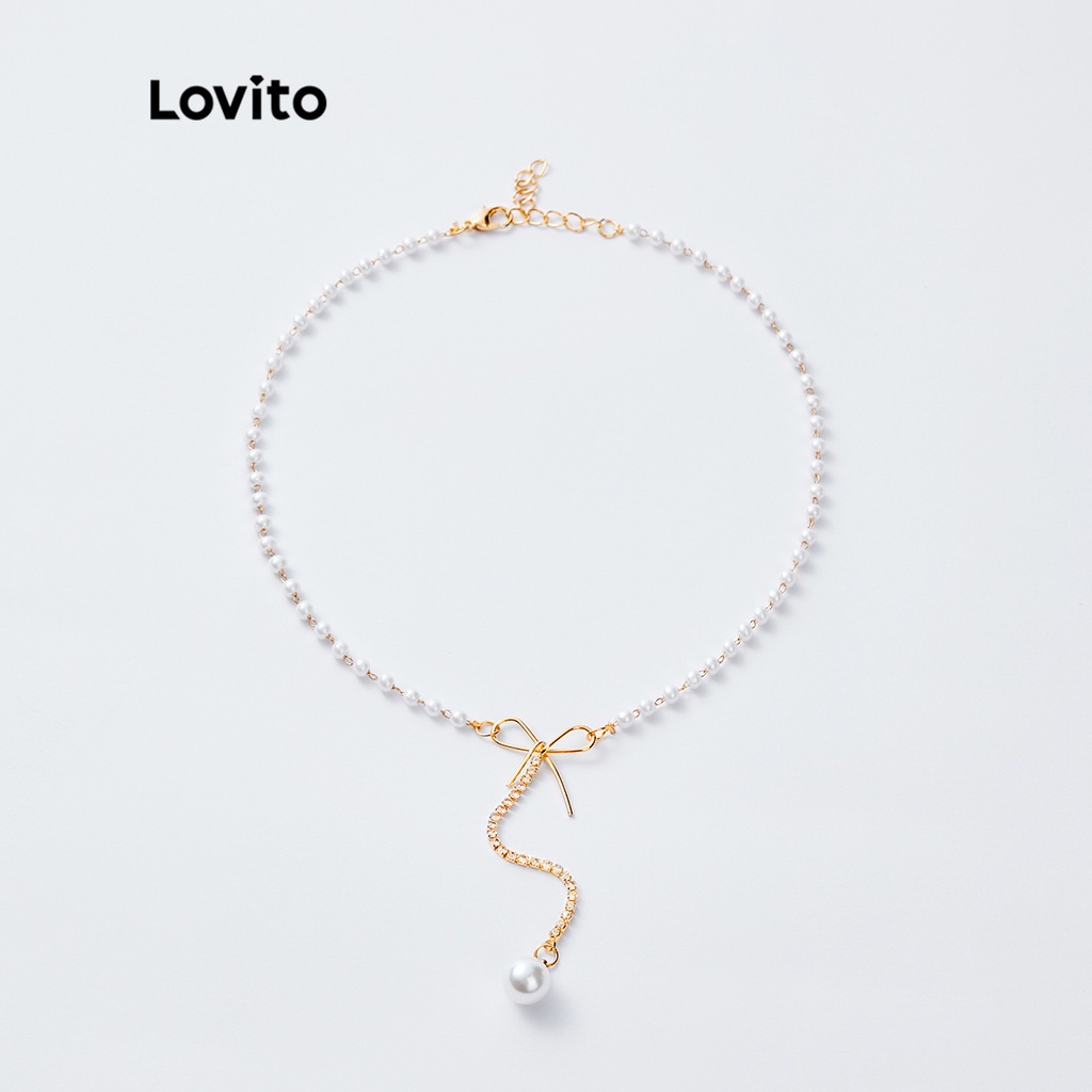Lovito สร้อยคอโบไข่มุก แต่งไรน์สโตน สไตล์ลำลอง สำหรับผู้หญิง L50AD169 (สีขาว)