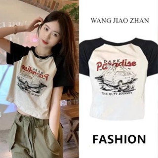 WANG JIAO ZHAN เสื้อครอปท็อปแขนสั้น ทรงสลิมฟิต พิมพ์ลาย สไตล์เกาหลี แฟชั่นสําหรับผู้หญิง