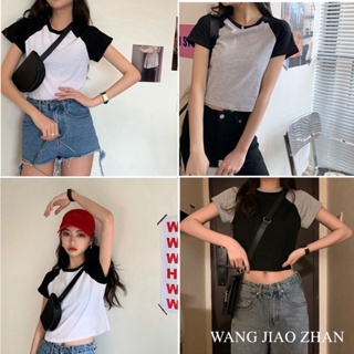 WANG JIAO ZHAN เสื้อยืดสั้นเอวสูงสไตล์เกาหลีสำหรับผู้หญิง，เนื้อผ้านุ่มสบาย