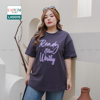 (LX0015)เสื้อแขนสั้นสาวอวบเสื้อยืดคอกลม แขนสั้น ทรง OVERSIZE แต่งลายปักภาษาอังกฤษด้านหน้า