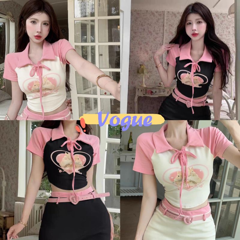 Vogue พร้อมส่ง แขนสั้นคอตั้ง ครอปสั้น สีพาสเทล (M1818) -C