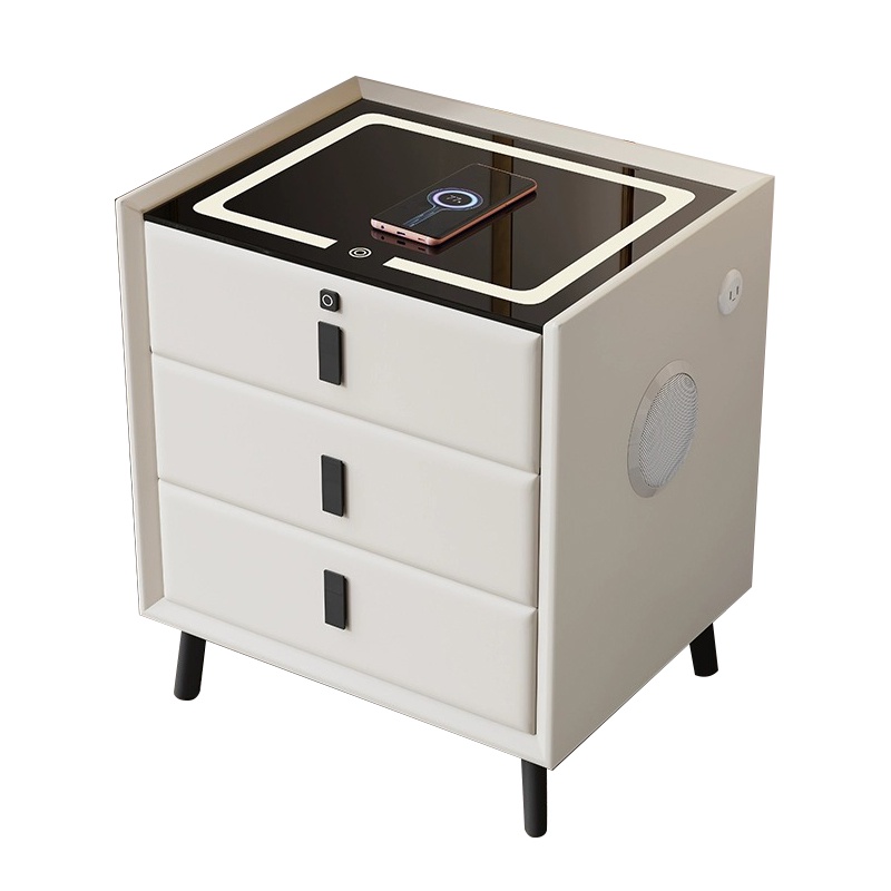 BAIERDI MALLตูข้างเตียง โต๊ะข้างเตียง มาพร้อมกับไฟกลางคืน 3สี +ที่ชาร์จแบบไร้สาย+ลำโพงบลูทูธ 5.0 +สแกนลายนิ้วมือ