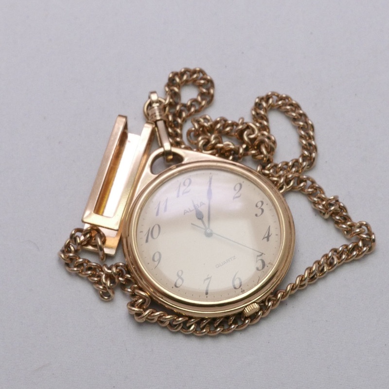นาฬิกา Vintage มือสองญี่ปุ่น Pocket Watch นาฬิกาพกALBA ปี1981 Y481 0120ระบบQUARTZ พร้อมโซ่ ทรงกลม กรอบทอง หน้าทอง 35มม