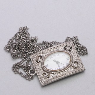 นาฬิกา Vintage มือสองญี่ปุ่น PocketWatch นาฬิกาพกจี้ล็อกเก็ต QUARTZ พร้อมโซ่ ทรงสี่เหลี่ยม กรอบเงิน หน้าขาว หน้าปัด 26มม