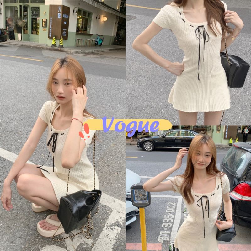 Vogue🌟พร้อมส่ง🌟 ชุดมินิเดรสไหมพรม คอกลมแขนสั้น สีครีมน่ารัก (03038) -C