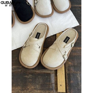 Gubalun Baotou รองเท้าแตะ Retro Mori ผู้หญิงรองเท้าแบนฤดูร้อนขี้เกียจรองเท้า Birkenstock รองเท้าครึ่งลากผู้หญิงหนังนิ่มร