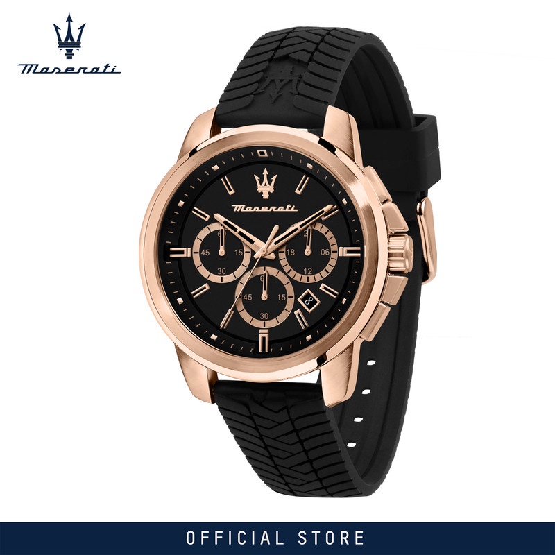 【2 Years Warranty】 Maserati Successo 44mm Black Silicon Strap Men's Chronograph Quartz นาฬิกาข้อมือ R8871621012
