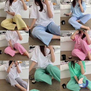 👉ชุดนอน ชุดลำลองลายยิ้ม  ชุดเซ็ท 2ชิ้น เสื้อ+กาวเกง มี 8สี พร้อมส่ง Pajamas【LittleStar6】