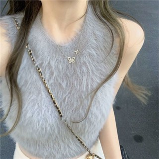 ∏ ∏ [พร้อมส่ง] เสื้อสายเดี่ยว ผ้ากํามะหยี่ขนนิ่ม เซ็กซี่ ให้ความอบอุ่น สไตล์เรโทร แฟชั่นฤดูใบไม้ร่วง ฤดูหนาว สําหรับผู้หญิง