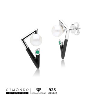 Gemondo ต่างหูเงินแท้ 925 Sterling Silver ประดับมรกต (Emerald) และไข่มุก (Pearl) สไตล์เรโทร : ต่างหูอีนาเมล ต่างหูพลอย