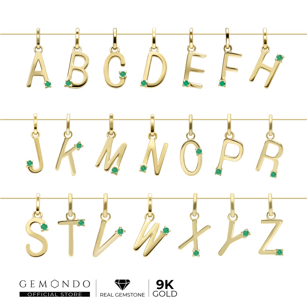 Gemondo จี้ทองคำแท้ 9 กะรัต (9K) ตัวอักษร A-Z ประดับมรกต : จี้ตัวอักษร จี้ทองแท้ จี้ทองคำ ของขวัญ จี้พลอย พลอยมรกต