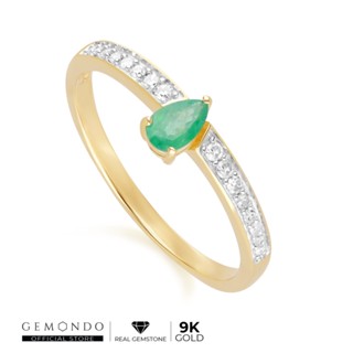 Gemondo แหวนทองคำ 9K ประดับมรกต (Emerald) ทรงหยดน้ำ บ่าข้างเพชร ดีไซน์คลาสสิก : แหวนพลอยแท้ แหวนมรกต แหวนพลอยเขียว