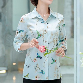 เสื้อเชิ้ตผู้หญิง แม่วัยกลางคนและผู้สูงอายุเสื้อยืดแขนสามส่วนสไตล์ต่างประเทศขนาดใหญ่หญิงเสื้อไหมเทียมหญิงวัยกลางคนผ้าไหม