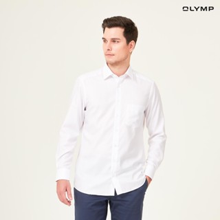 OLYMP LUXOR Shirt เสื้อเชิ้ตชาย  สีขาว ผ้าเท็กเจอร์ลายทะเเยง ทรงหลวม ใส่สบาย รีดง่าย