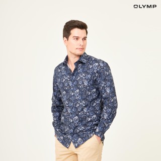 OLYMP GREEN CHOICE LUXOR Shirt เสื้อเชิ้ตชายรักษ์โลก สีน้ำเงิน ผ้าเท็กเจอร์ ลายกราฟฟิก ทรงหลวม ใส่สบาย รีดง่าย