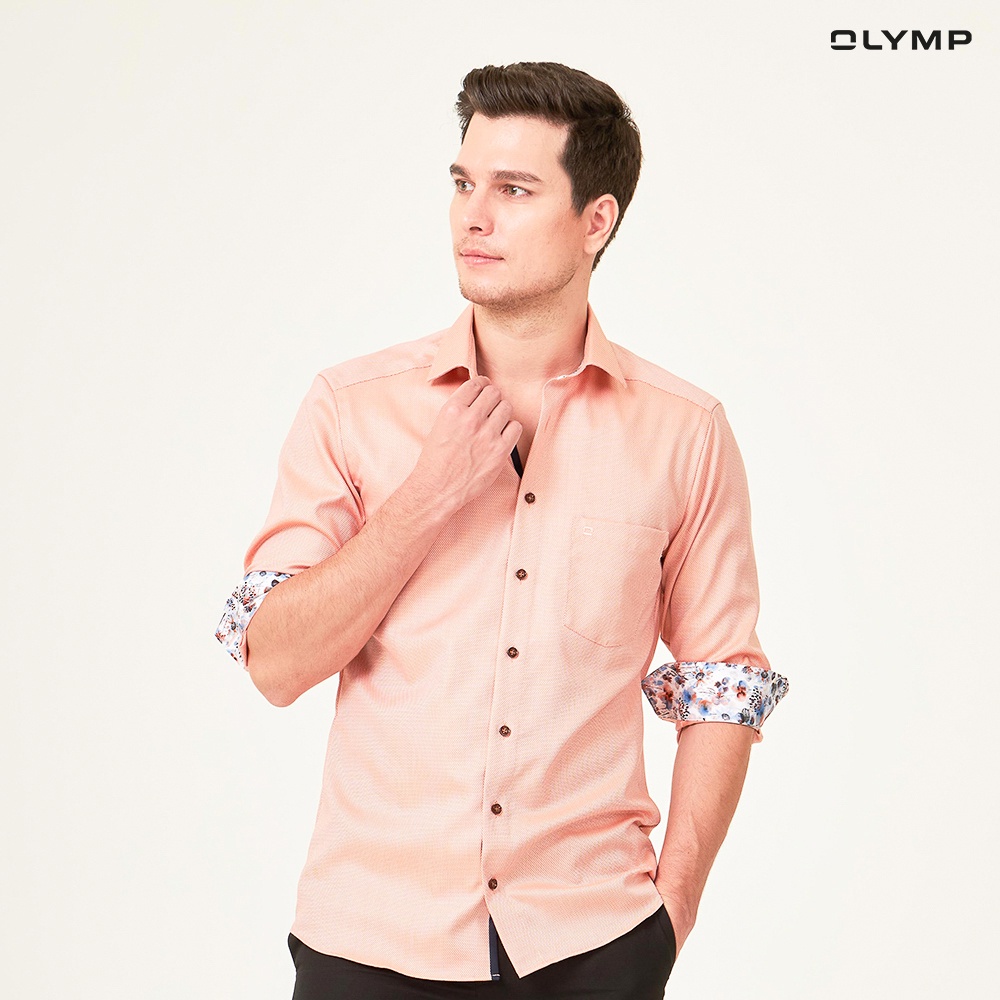 OLYMP LUXOR Shirt เสื้อเชิ้ตชาย สีส้ม ผ้าเท็กเจอร์ แต่งดีเทล ดอกไม้ ทรงหลวม ใส่สบาย รีดง่าย AUTU23