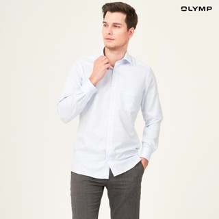 OLYMP LUXOR Shirt เสื้อเชิ้ตชาย สีฟ้าอ่อน ผ้าเท็กเจอร์ ลายก้างปลา ทรงหลวม ใส่สบาย รีดง่าย