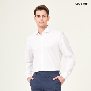 OLYMP Level Five Shirt เสื้อเชิ้ตชาย สีขาว ลายทะแยง ทรงพอดีตัว ยืดหยุ่นได้ดี รีดง่าย