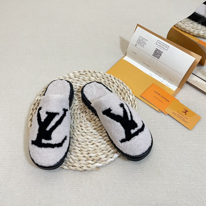 ☽❖Louis Vuitton ใหม่ฤดูใบไม้ร่วงและฤดูหนาว 2022 สไตล์ร้อนขนแกะ Baotou Half Trailer รองเท้าแตะรองเท้าผู้หญิงแฟชั่นสีเทา