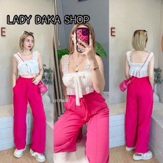 🧡LADY DAKA SHOP🧡ชุดคาเฟ่ เซ็ท2ชิ้น สายเดี่ยวชีฟองผูกโบว์+กางเกงขายาว มีกระเป๋า2ข้าง