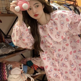 เสื้อเชิ้ตแขนยาว คอตุ๊กตา ทรงหลวม พิมพ์ลายน่ารัก สไตล์เกาหลี