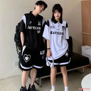💕พร้อมส่ง📣ชุดแข่งเรโทรอเมริกันแขนสั้นเสื้อโปโลพิมพ์ลายตัวอักษรครึ่งแขนคู่รัก