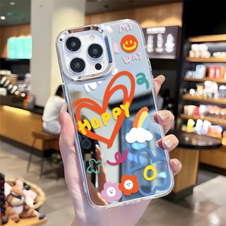 เคสโทรศัพท์มือถือ กรอบโลหะ กระจก ลายการ์ตูนหัวใจ ดอกไม้น่ารัก สําหรับ iphone 14 pro max 11 12 13 8 7 Plus X XR XSMax