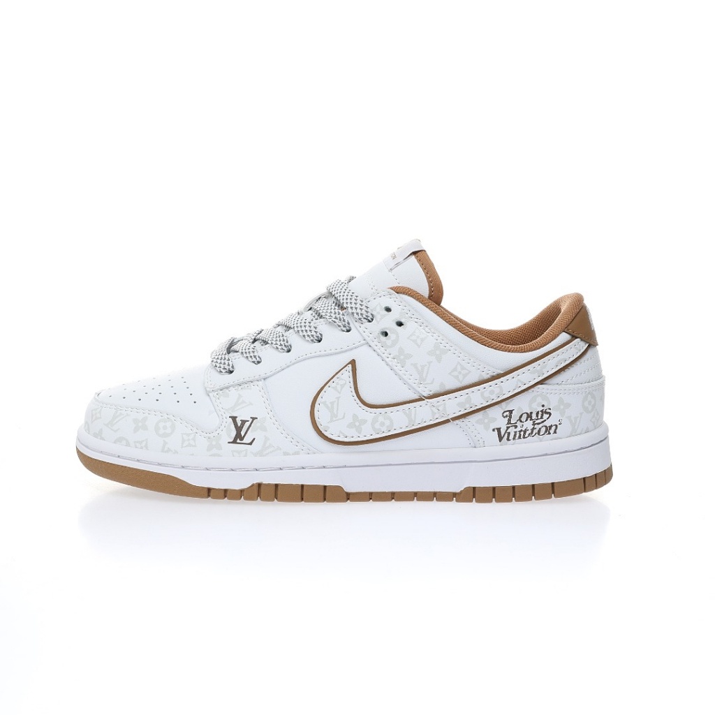 ☏✼【ซื้อรองเท้าแถมหมวก】Louis Vuitton x Nike SB Dunk Low "White/Brown/LV Monogram" รองเท้าบอร์ดสเก็ตบอร์ดรองเท้าผ้าใบnike