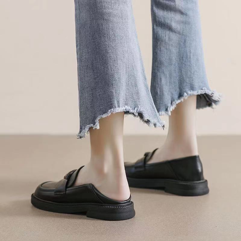 🥿35-40 รองเท้าโลฟเฟอร์นุ่มกันน้ำสไตล์อังกฤษสีดำ/ออฟไวท์ทุกแมตช์พื้นหนารองเท้าหนังลำลองสำหรับทำงาน/นักเรียน