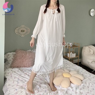 ชุดนอน ผู้หญิง ชุดนอนเดรสลูกไม้แขนยาวสไตล์เกาหลีเจ้าหญิงคุณห…