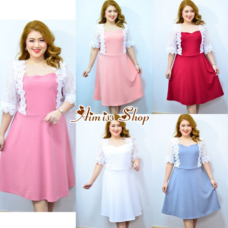 🌼AiMiss Shop🌼 รหัส 31 เดรสผ้าวูลเวฟแต่งแขนลูกไม้ เดรสสาวอวบ เสื้อผ้าคนอ้วน ชุดใส่ออกงานสวยๆ