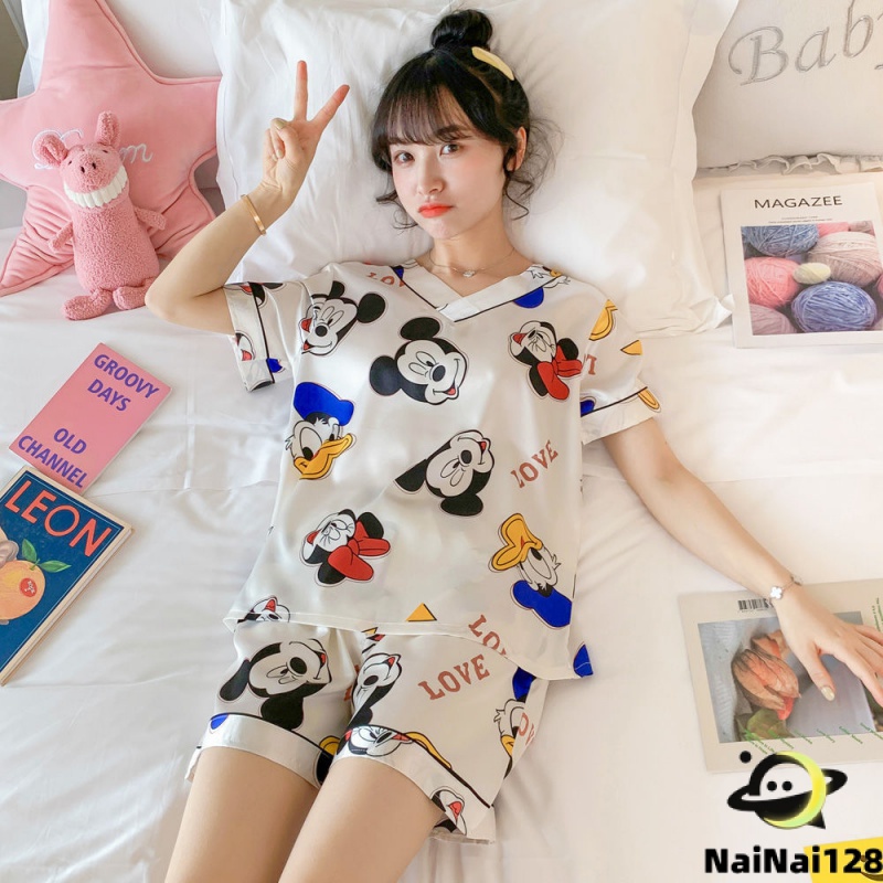 ชุดนอนคอวีสวย ๆ，ชุดนอนผ้าซาตินราคาถูกมาก，มีการ์ตูนน่ารัก ๆ ให้เลือกถึง 6 เรื่อง，กางเกง + ด้านบน Nightgown【NaiNai 128】