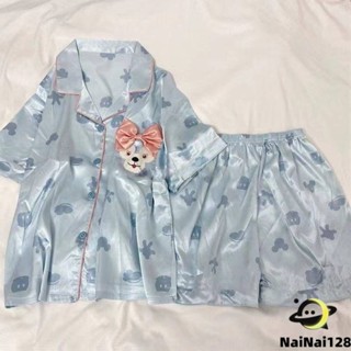 👍ชุดนอนขาสั้นผ้าซาติน ชุดนอนลายการ์ตูนสกรีนชัดตรงปก Short Pajamas