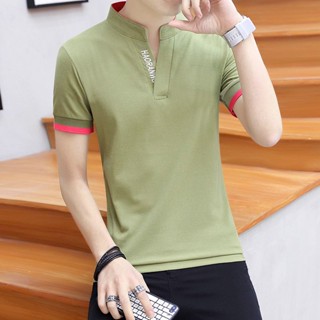 เสื้อยืดแขนสั้น คอปกตั้ง สีพื้น สําหรับผู้ชาย