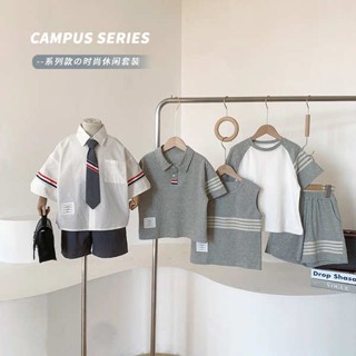 ชุดออกงานเด็กผู้ชาย ชุดแคมป์ปิ้งเด็ก Clearance Clearance Boy Summer Set 2023 New Baby Leisure College Style แขนสั้นเด็กแฟชั่นถนนทอด