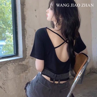 WANG JIAO ZHAN เสื้อยืดแขนสั้นเปิดหลังเซ็กซี่สีทึบแฟชั่นสไตล์เกาหลี