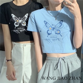 WANG JIAO ZHAN เสื้อยืดแขนสั้นผู้หญิงแฟชั่นเกาหลีฮาราจูกุ