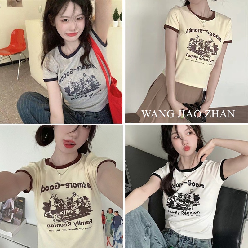 【WJZ】เสื้อยืดแขนสั้นพิมพ์ลายตัวอักษรแฟชั่นอเมริกันสำหรับผู้หญิง【9918】