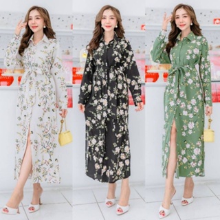 Maxi dress ปกเชิ้ตแขนยาวลายสุดเกร๋ ติดกระดุมด้านหน้าเปิดได้ มีโบว์ผูกเอว