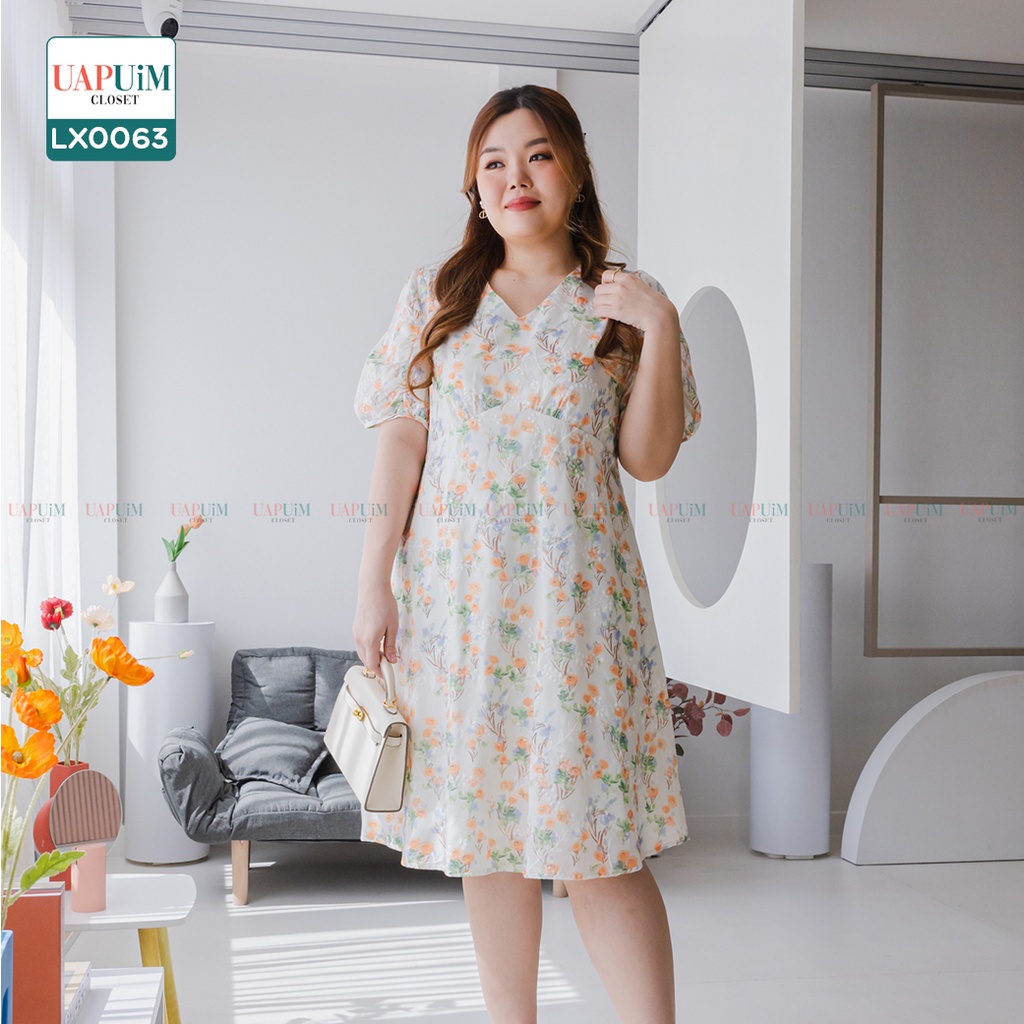 (LX0063) ชุดเดรส สาวอวบ เดรสพิมพ์ลายดอกไม้ คอวี มีซิปด้านข้าง มีซับด้านในทั้งตัว