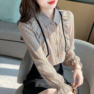 พร้อมส่ง✨เสื้อชีฟองลายดอกไม้สไตล์เกาหลี New POLO คอหลวม ruffled แขนยาว เสื้อเชิ้ตมืออาชีพ