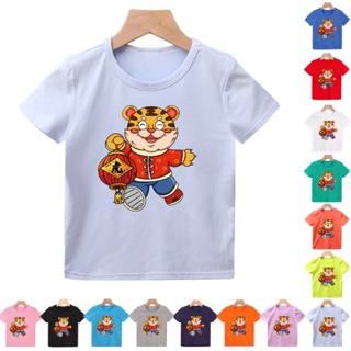 **Cny** เสื้อยืดแขนสั้น ผ้าฝ้าย ลายการ์ตูนเสือ สไตล์จีน 8 สี สําหรับเด็ก 0-10 ปี