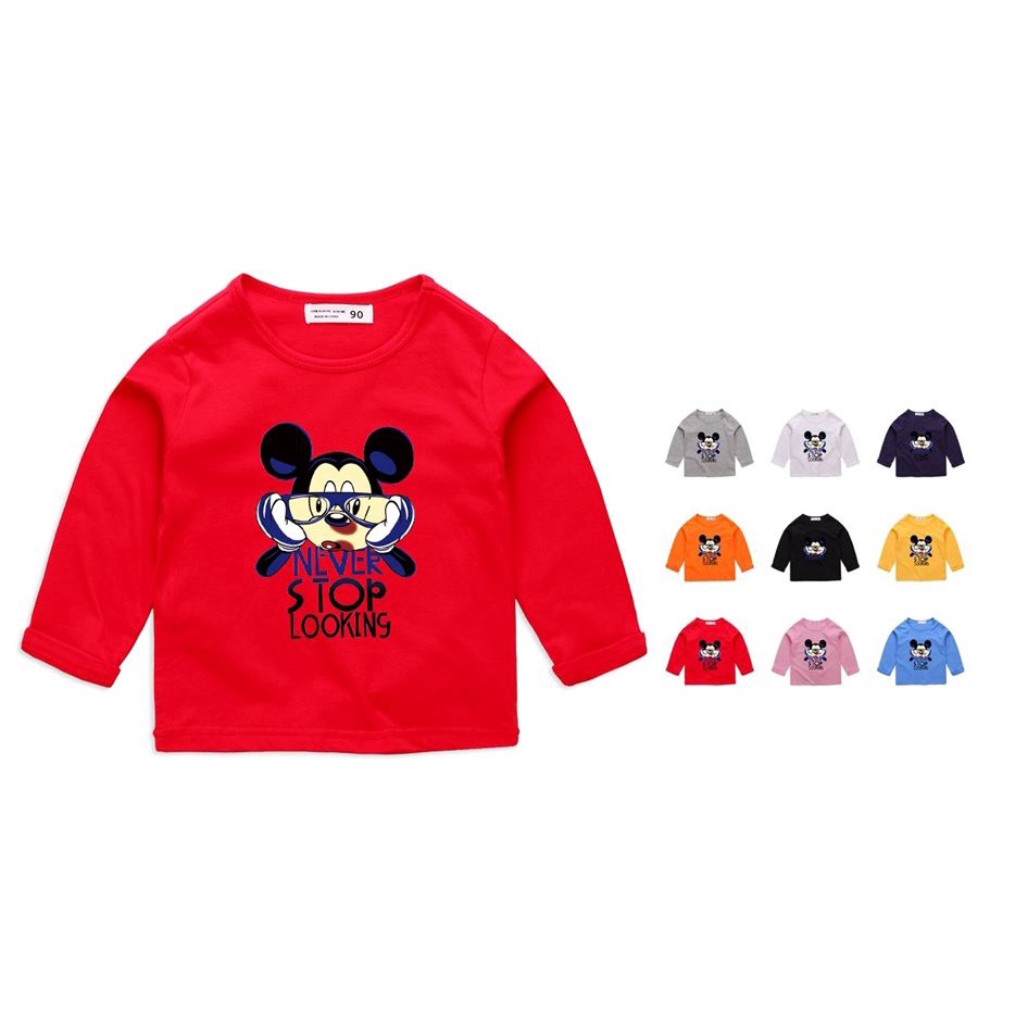 ** สปอต ** ผู้ชายและผู้หญิงแขนยาว 9 สีลายการ์ตูนมิกกี้เสื้อยืดผ้าฝ้ายระบายอากาศ