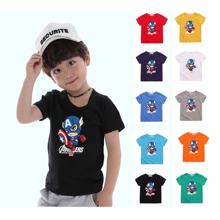 ** สปอต ** แฟชั่นฤดูร้อนท็อปส์ซูเด็ก 8 สีเสื้อยืดผ้าฝ้ายการ์ตูนกัปตันอเมริกา (มีให้สำหรับขายส่ง)